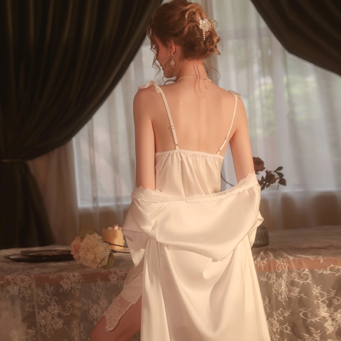 91家纺网 家纺一手货源 找家纺 洛兰沙 2023新款外贸冰丝蕾丝吊带和两件套-1574维多利亚 白色