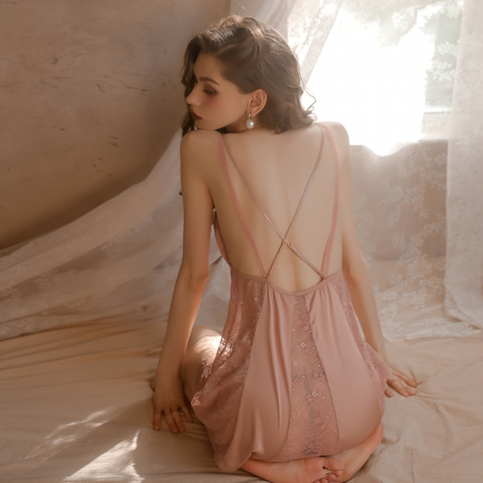 91家纺网 家纺一手货源 找家纺 洛兰沙 2023新款外贸冰丝蕾丝吊带和两件套-1690欧拉 玫瑰金