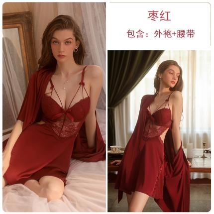 91家纺网 家纺一手货源 找家纺 洛兰沙 2023新款外贸冰丝蕾丝吊带和两件套-2044欧拉 枣红