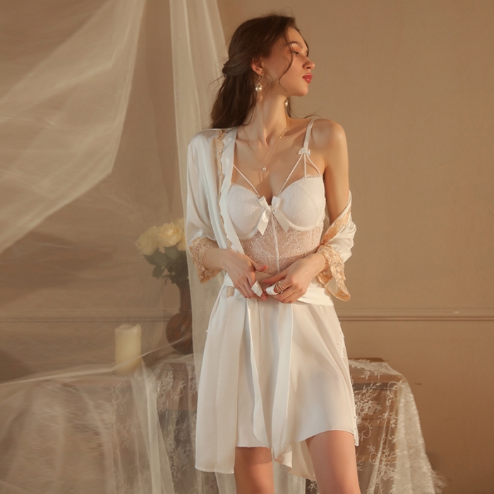 91家纺网 家纺一手货源 找家纺 洛兰沙 2023新款外贸冰丝蕾丝吊带和两件套-2044欧拉 白色