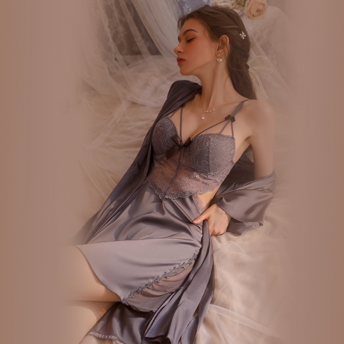 91家纺网 家纺一手货源 找家纺 洛兰沙 2023新款外贸冰丝蕾丝吊带和两件套-2044欧拉 莫兰灰