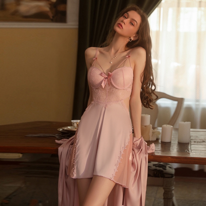 91家纺网 家纺一手货源 找家纺 洛兰沙 2023新款外贸冰丝蕾丝吊带和两件套-2044欧拉 玫瑰金