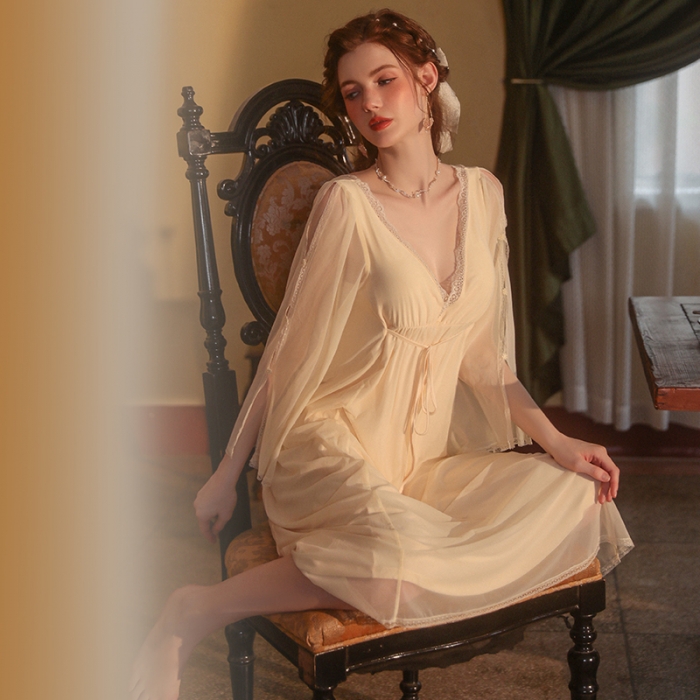 91家纺网 家纺一手货源 找家纺 洛兰沙 2023新款外贸冰丝蕾丝吊带和两件套-2055维多利亚 杏色