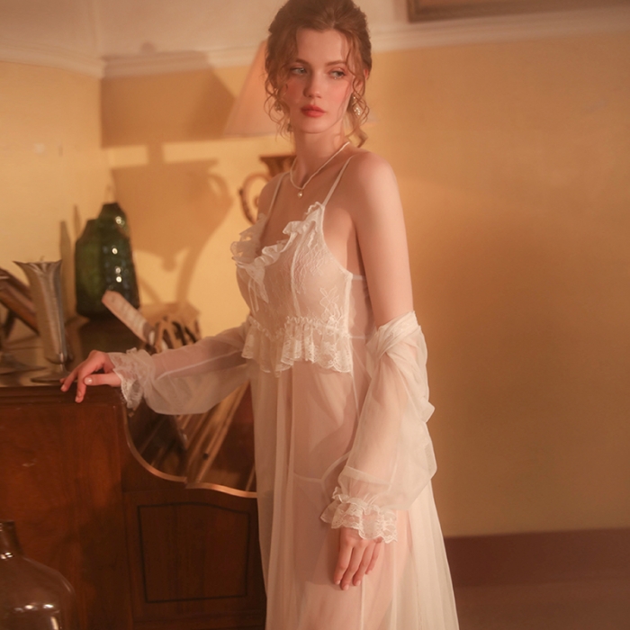 91家纺网 家纺一手货源 找家纺 洛兰沙 2023新款外贸冰丝蕾丝吊带和两件套-2132维多利亚 白色