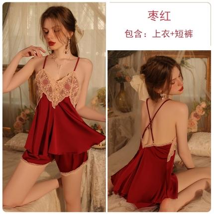 91家纺网 家纺一手货源 找家纺 洛兰沙 2023新款外贸冰丝蕾丝吊带和两件套-2196暴暴 枣红