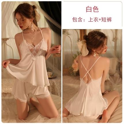 91家纺网 家纺一手货源 找家纺 洛兰沙 2023新款外贸冰丝蕾丝吊带和两件套-2196暴暴 白色