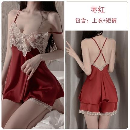 91家纺网 家纺一手货源 找家纺 洛兰沙 2023新款外贸冰丝蕾丝吊带和两件套-2196嘟嘟 枣红