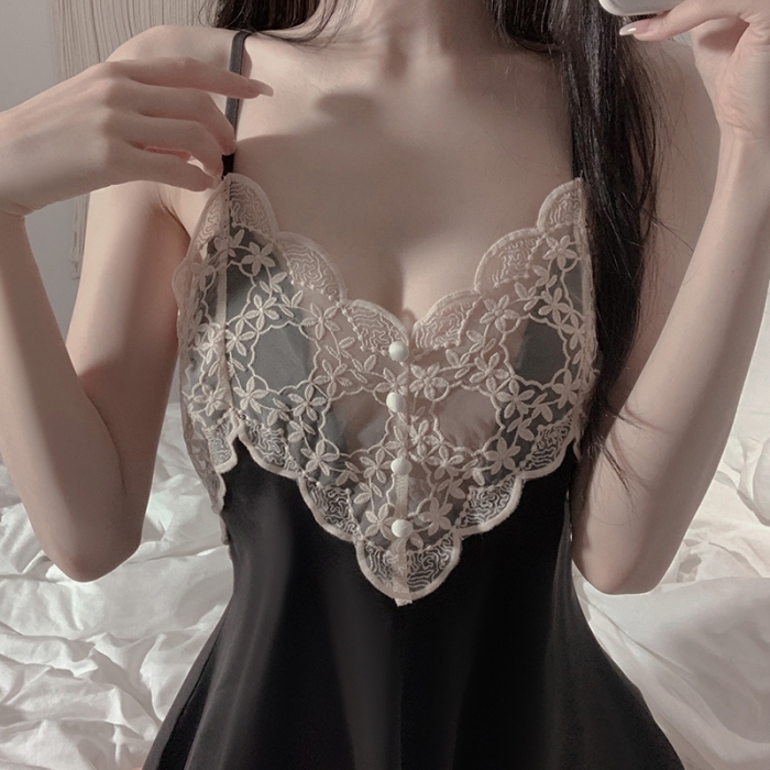 91家纺网 家纺一手货源 找家纺 洛兰沙 2023新款外贸冰丝蕾丝吊带和两件套-2196嘟嘟 黑色