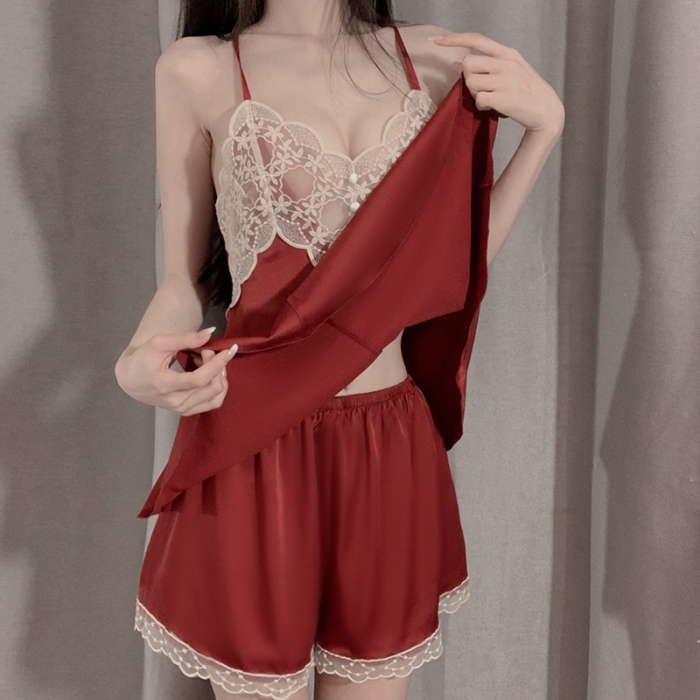 91家纺网 家纺一手货源 找家纺 洛兰沙 2023新款外贸冰丝蕾丝吊带和两件套-2196嘟嘟 枣红