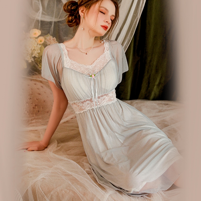 91家纺网 家纺一手货源 找家纺 洛兰沙 2023新款外贸冰丝蕾丝吊带和两件套-2534暴暴 天蓝