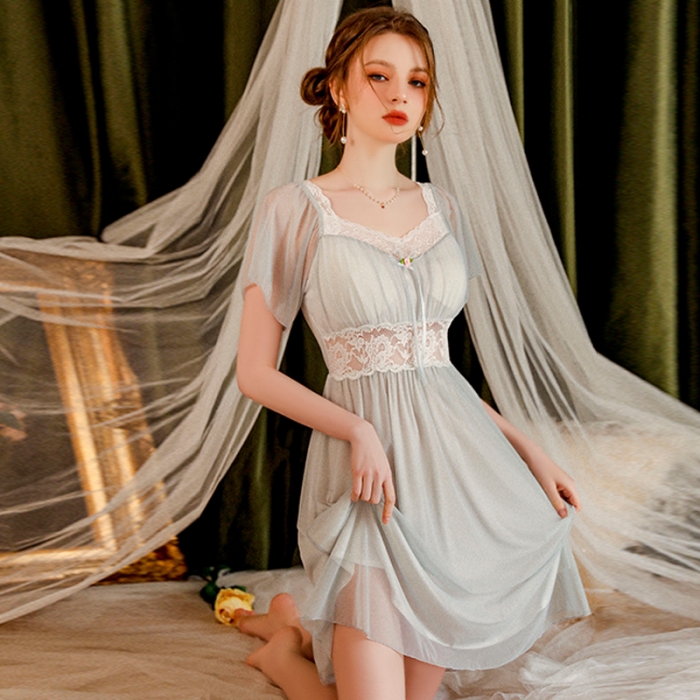 91家纺网 家纺一手货源 找家纺 洛兰沙 2023新款外贸冰丝蕾丝吊带和两件套-2534暴暴 天蓝