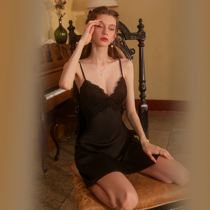 91家纺网 家纺一手货源 找家纺 洛兰沙 2023新款外贸冰丝蕾丝吊带和两件套-2621欧拉 黑色