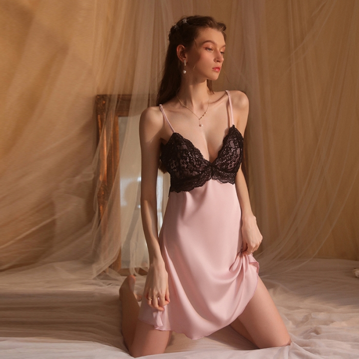 91家纺网 家纺一手货源 找家纺 洛兰沙 2023新款外贸冰丝蕾丝吊带和两件套-2621欧拉 藕粉