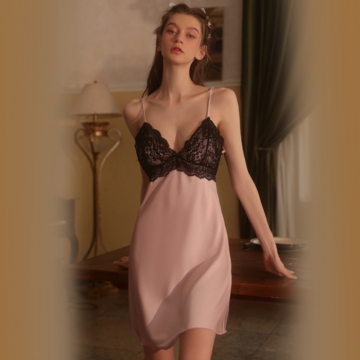 91家纺网 家纺一手货源 找家纺 洛兰沙 2023新款外贸冰丝蕾丝吊带和两件套-2621欧拉 藕粉