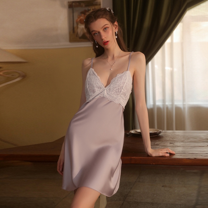 91家纺网 家纺一手货源 找家纺 洛兰沙 2023新款外贸冰丝蕾丝吊带和两件套-2621欧拉 香芋紫