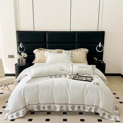 91家纺网 家纺一手货源 找家纺 若未 2023新款50支长绒棉棉织带款高精密刺绣四件套-诗雅-贵族白