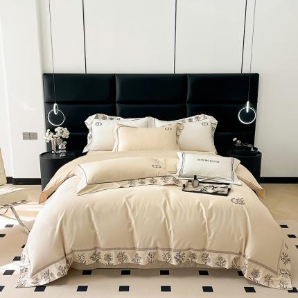 91家纺网 家纺一手货源 找家纺 若未 2023新款50支长绒棉棉织带款高精密刺绣四件套-诗雅-米驼色