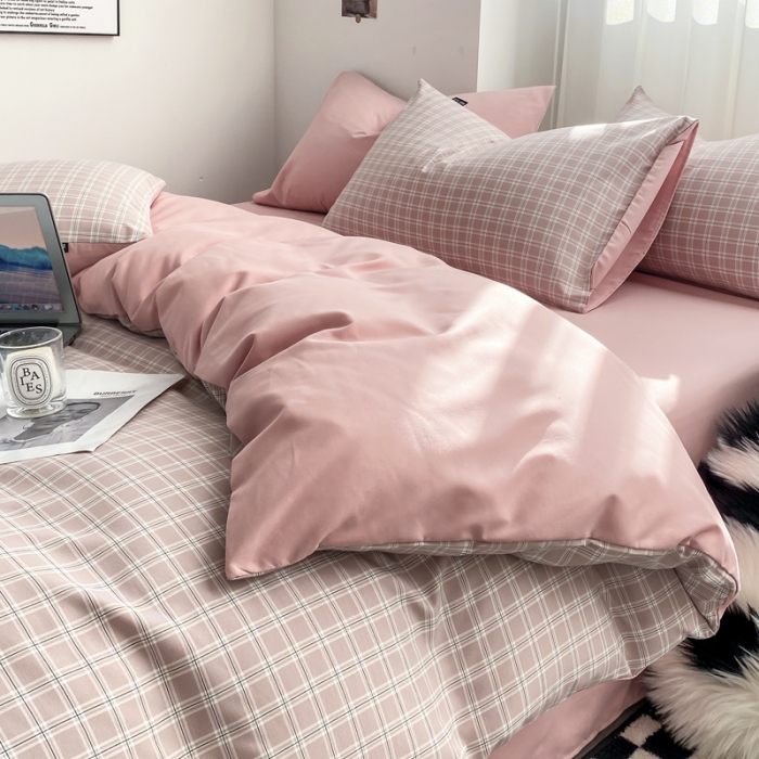 91家纺网 家纺一手货源 找家纺 水洗棉色织格子无印风三件套纯色双拼磨毛被套四件套 贝拉-粉
