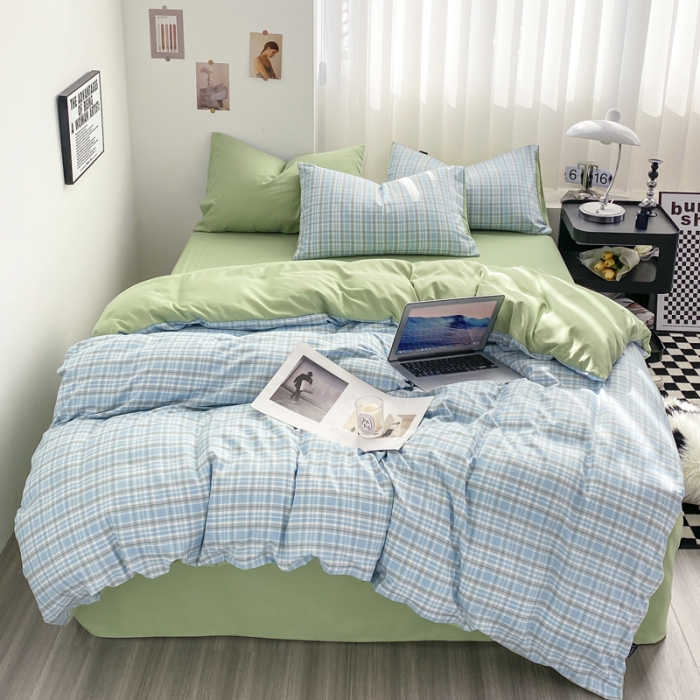 91家纺网 家纺一手货源 找家纺 水洗棉色织格子无印风三件套纯色双拼磨毛被套四件套 布丁-兰