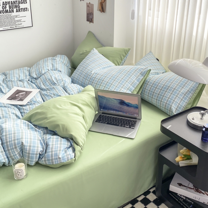 91家纺网 家纺一手货源 找家纺 水洗棉色织格子无印风三件套纯色双拼磨毛被套四件套 布丁-兰