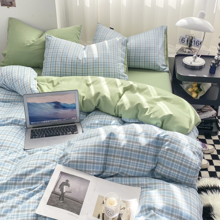 91家纺网 家纺一手货源 找家纺 水洗棉色织格子无印风三件套纯色双拼磨毛被套四件套 布丁-兰