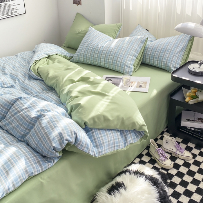 91家纺网 家纺一手货源 找家纺 水洗棉色织格子无印风三件套纯色双拼磨毛被套四件套 布丁-兰