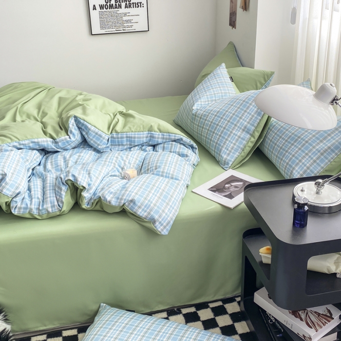 91家纺网 家纺一手货源 找家纺 水洗棉色织格子无印风三件套纯色双拼磨毛被套四件套 布丁-兰