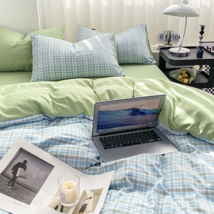 91家纺网 家纺一手货源 找家纺 水洗棉色织格子无印风三件套纯色双拼磨毛被套四件套 布丁-兰