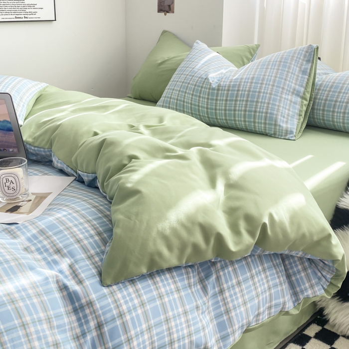 91家纺网 家纺一手货源 找家纺 水洗棉色织格子无印风三件套纯色双拼磨毛被套四件套 布丁-兰