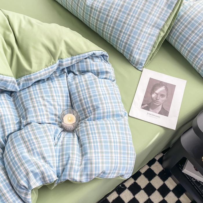 91家纺网 家纺一手货源 找家纺 水洗棉色织格子无印风三件套纯色双拼磨毛被套四件套 布丁-兰