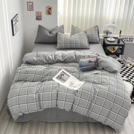 水洗棉色织格子无印风三件套纯色双拼磨毛被套四件套 格调-黑