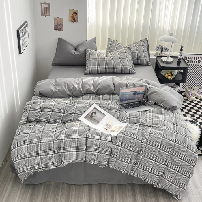 91家纺网 家纺一手货源 找家纺 水洗棉色织格子无印风三件套纯色双拼磨毛被套四件套 格调-黑