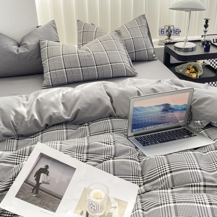 91家纺网 家纺一手货源 找家纺 水洗棉色织格子无印风三件套纯色双拼磨毛被套四件套 格调-黑