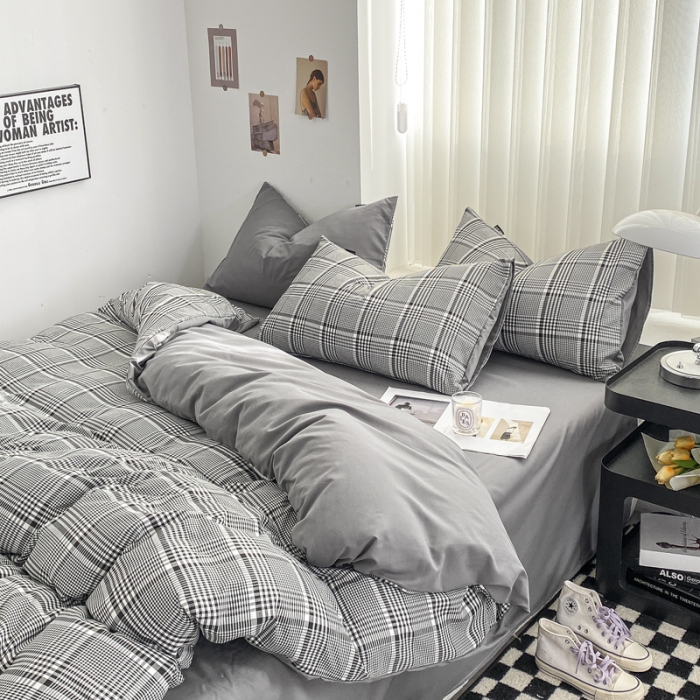 91家纺网 家纺一手货源 找家纺 水洗棉色织格子无印风三件套纯色双拼磨毛被套四件套 格调-黑