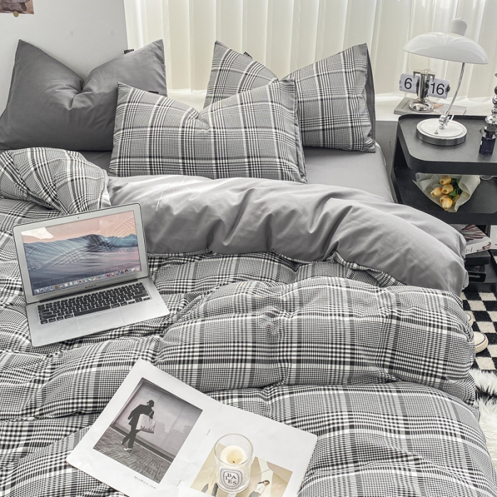 91家纺网 家纺一手货源 找家纺 水洗棉色织格子无印风三件套纯色双拼磨毛被套四件套 格调-黑