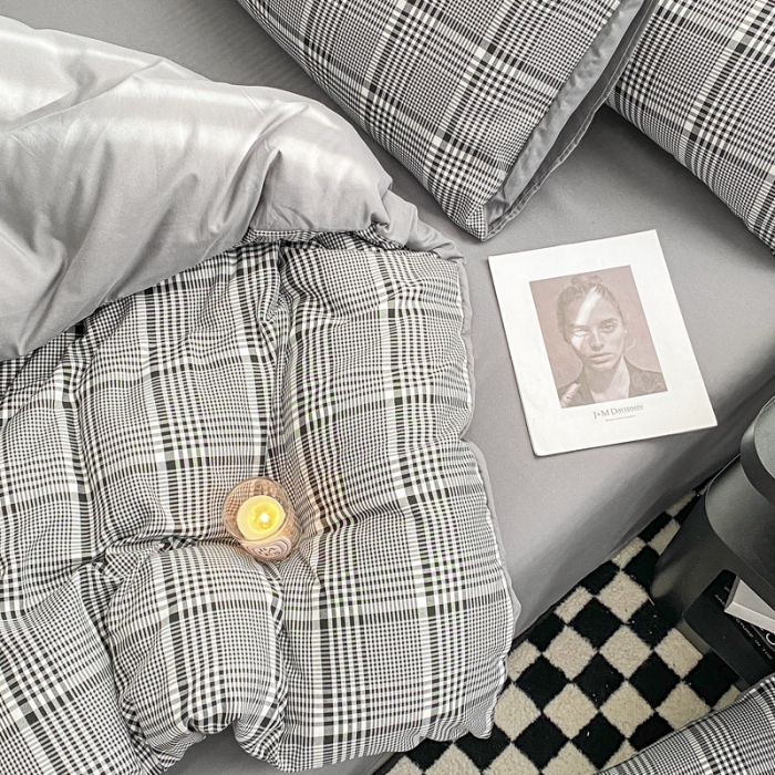 91家纺网 家纺一手货源 找家纺 水洗棉色织格子无印风三件套纯色双拼磨毛被套四件套 格调-黑