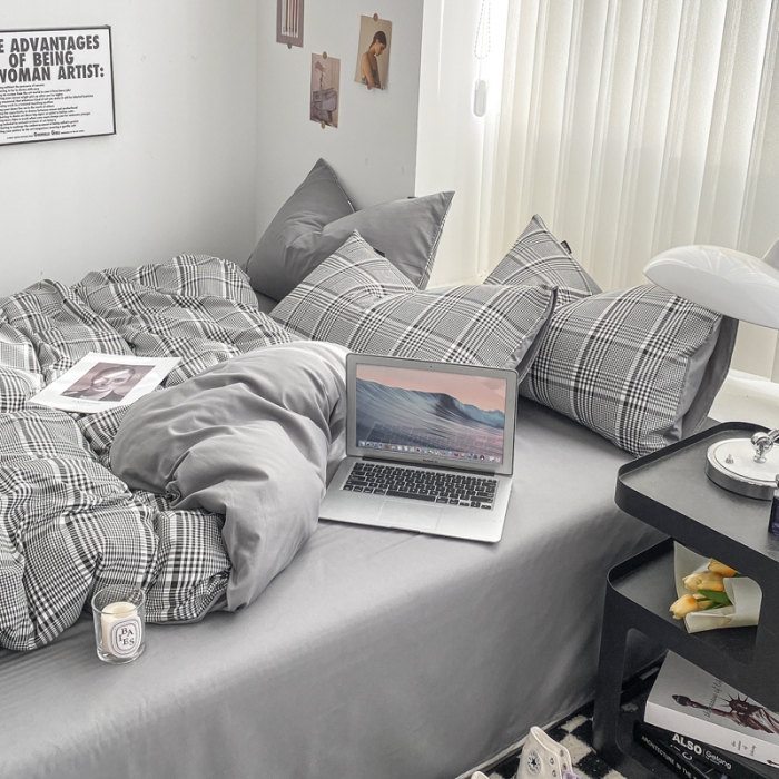 91家纺网 家纺一手货源 找家纺 水洗棉色织格子无印风三件套纯色双拼磨毛被套四件套 格调-黑