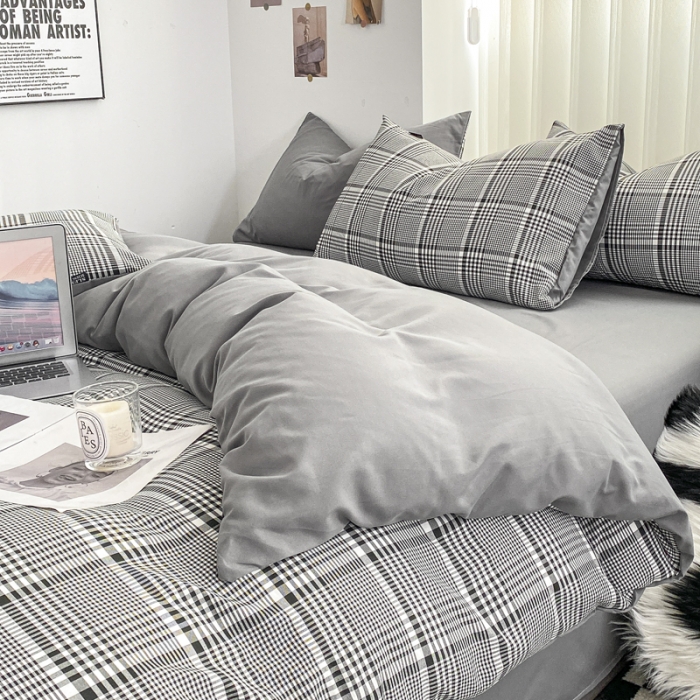 91家纺网 家纺一手货源 找家纺 水洗棉色织格子无印风三件套纯色双拼磨毛被套四件套 格调-黑