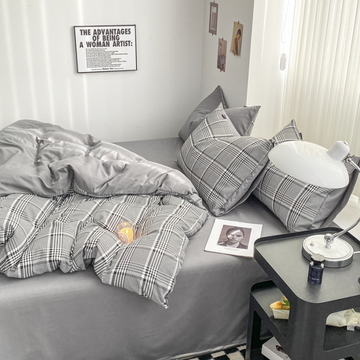 91家纺网 家纺一手货源 找家纺 水洗棉色织格子无印风三件套纯色双拼磨毛被套四件套 格调-黑