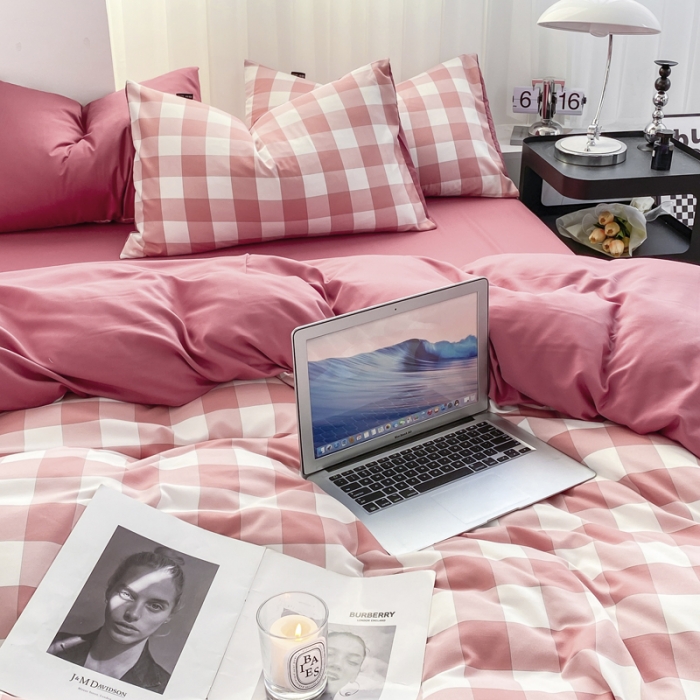 91家纺网 家纺一手货源 找家纺 水洗棉色织格子无印风三件套纯色双拼磨毛被套四件套 幻影-豆沙