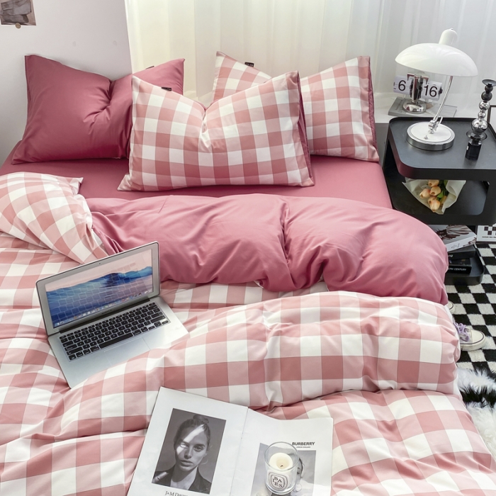 91家纺网 家纺一手货源 找家纺 水洗棉色织格子无印风三件套纯色双拼磨毛被套四件套 幻影-豆沙