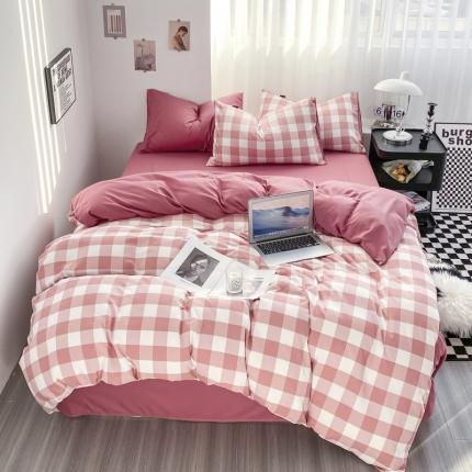 水洗棉色织格子无印风三件套纯色双拼磨毛被套四件套 幻影-豆沙