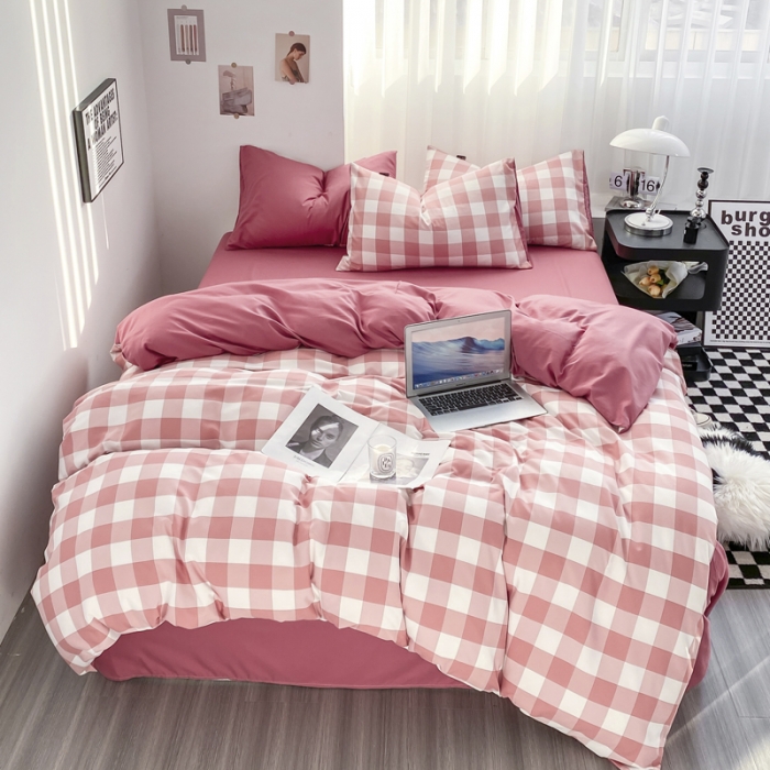 91家纺网 家纺一手货源 找家纺 水洗棉色织格子无印风三件套纯色双拼磨毛被套四件套 幻影-豆沙