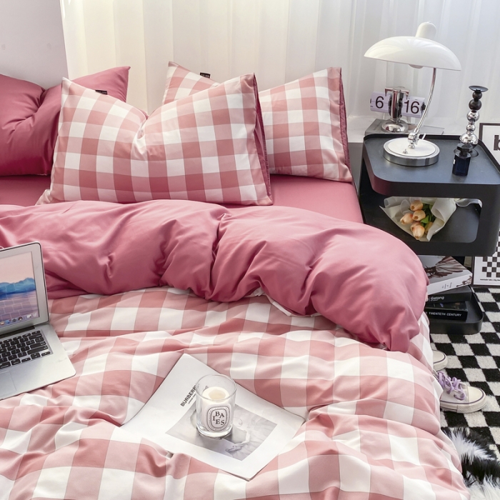 91家纺网 家纺一手货源 找家纺 水洗棉色织格子无印风三件套纯色双拼磨毛被套四件套 幻影-豆沙