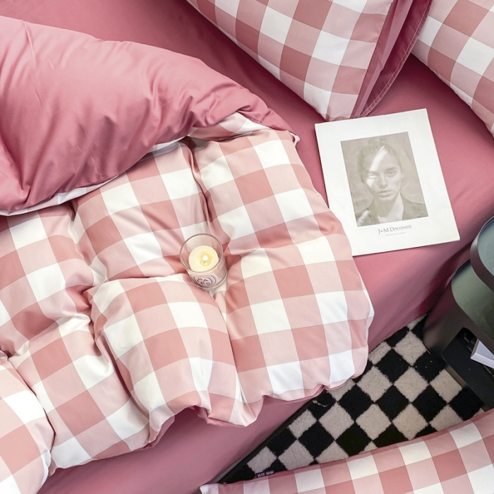 91家纺网 家纺一手货源 找家纺 水洗棉色织格子无印风三件套纯色双拼磨毛被套四件套 幻影-豆沙