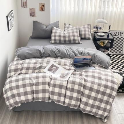 水洗棉色织格子无印风三件套纯色双拼磨毛被套四件套 幻影-灰