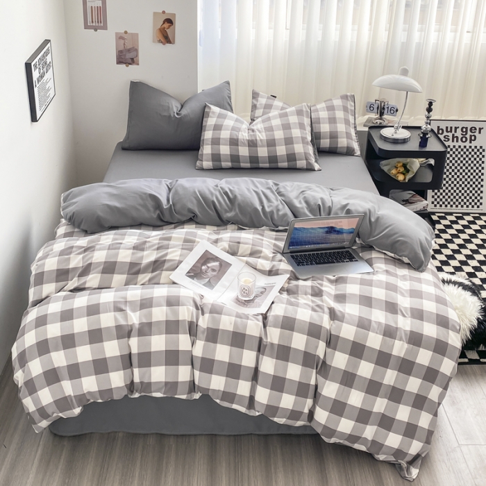 91家纺网 家纺一手货源 找家纺 水洗棉色织格子无印风三件套纯色双拼磨毛被套四件套 幻影-灰