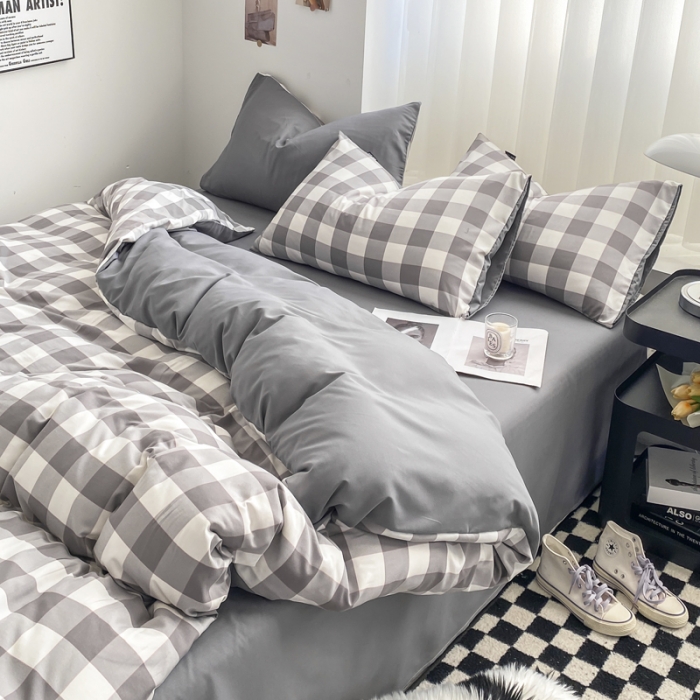 91家纺网 家纺一手货源 找家纺 水洗棉色织格子无印风三件套纯色双拼磨毛被套四件套 幻影-灰