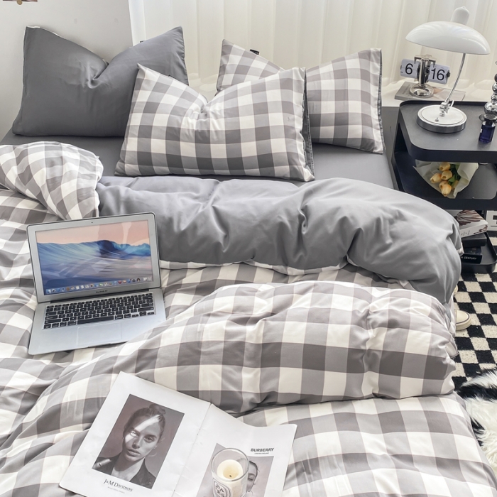 91家纺网 家纺一手货源 找家纺 水洗棉色织格子无印风三件套纯色双拼磨毛被套四件套 幻影-灰