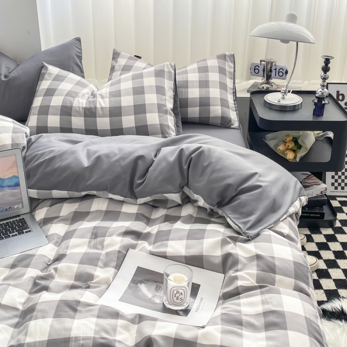 91家纺网 家纺一手货源 找家纺 水洗棉色织格子无印风三件套纯色双拼磨毛被套四件套 幻影-灰